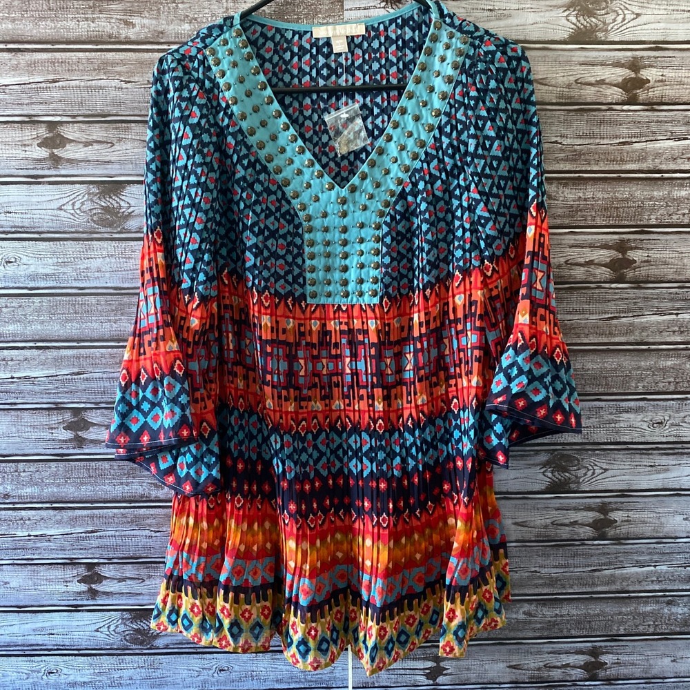 Woman Within Women's Top Size‎ L Multicolor V-Neck Embellished Textured NWOT